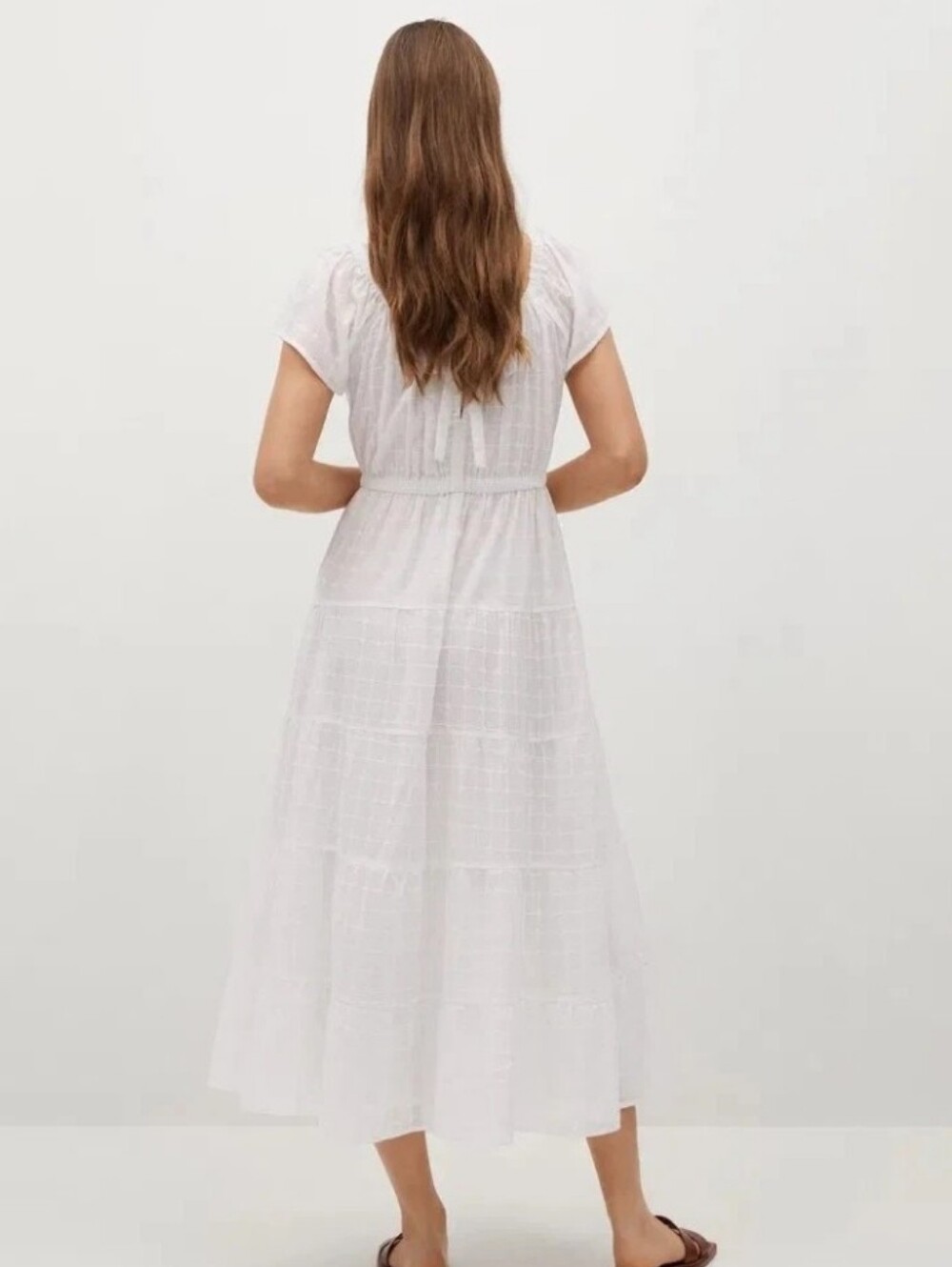 Mango MNG White Puff Sleeve Embroidered Checkered Tiered Midi A-Line Dress Sz 8 - Picture 2 of 16